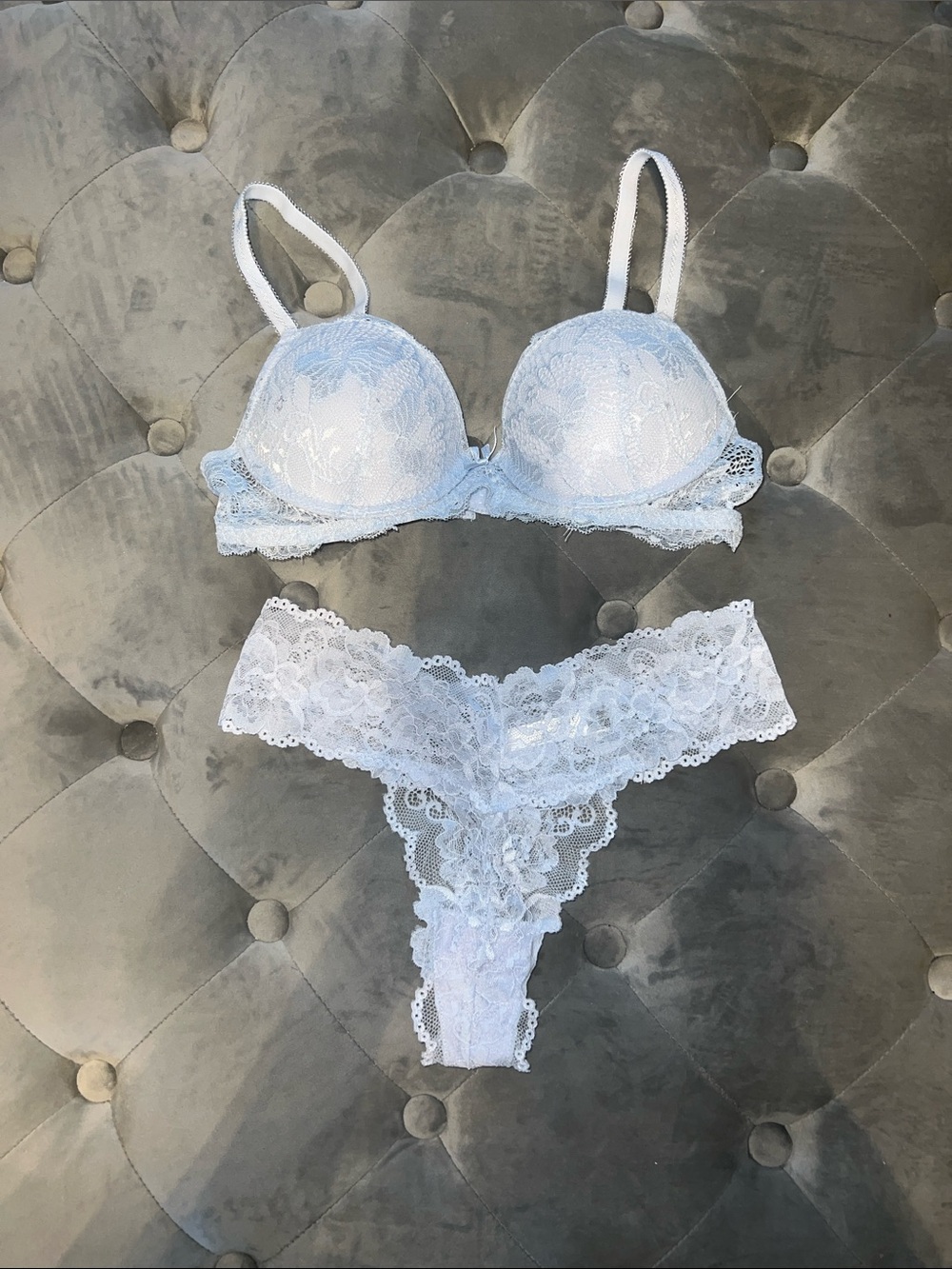 Women’s Lace Demi Bra & Lace Thong Set — Light Blue